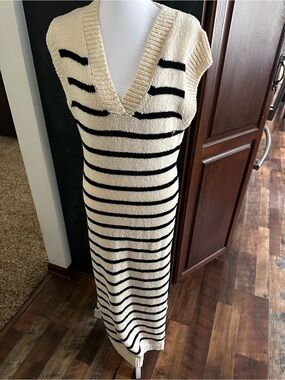 Cream and Black Striped Knit Maxi Dress